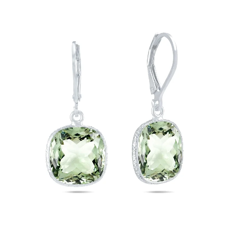 Hooked hoop earrings-Marquee Cushion Cut 12MM Green Amethyst Drop Earrings in .925 Sterling Silver