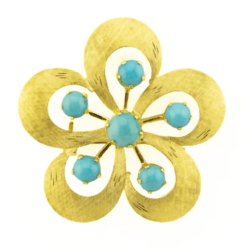 2.16ctw Turquoise Flower Brooch in 14K Yellow Gold