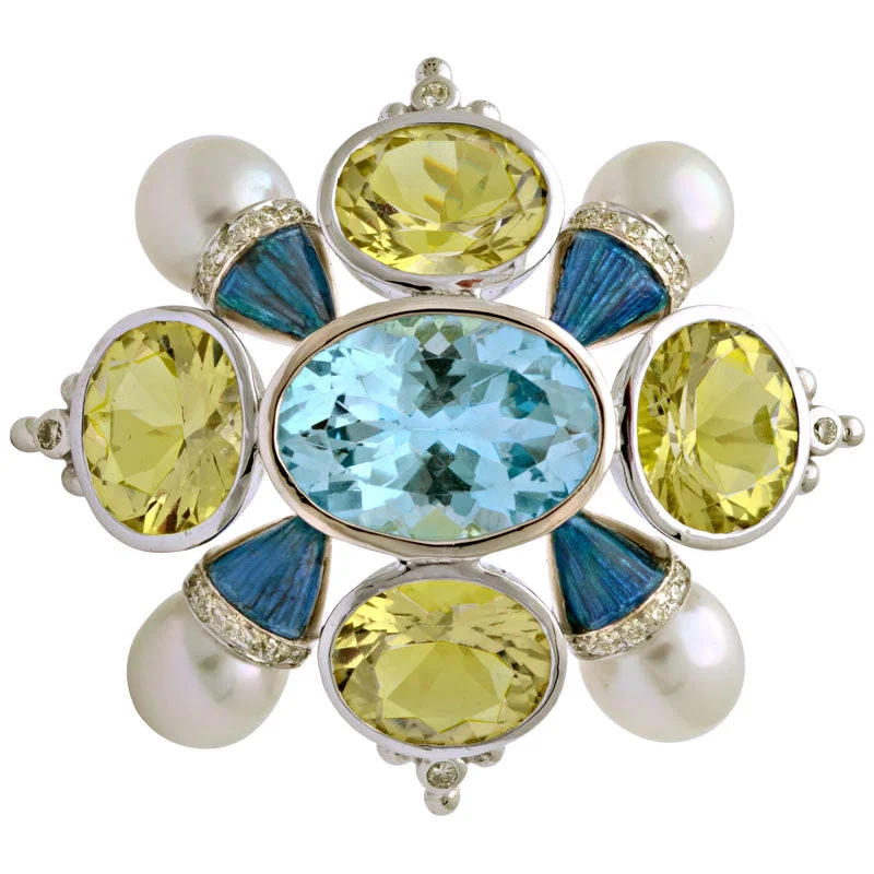 Brooch-Blue Topaz, Lemon Quartz, South Sea Pearl and Diamond (Enamel)