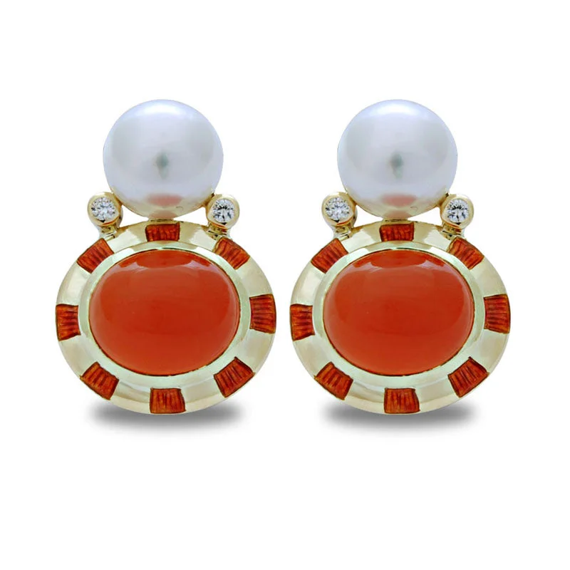 Earrings-Cornelian, South Sea Pearl and Diamond (Enamel)