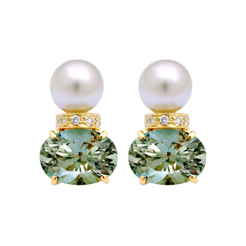 Earrings-Green Quartz, South Sea Pearl and Diamond