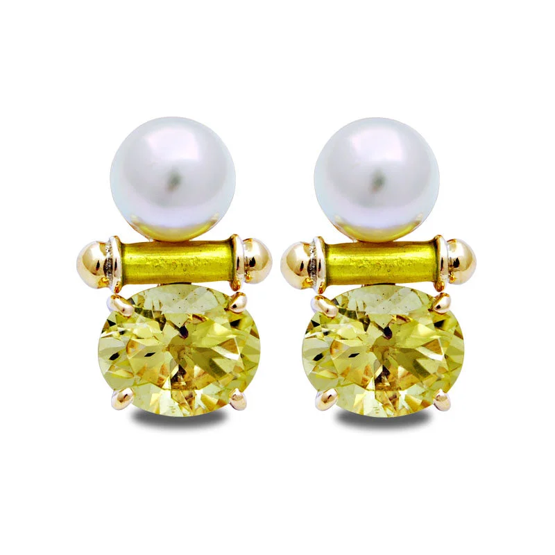 Earrings-Lemon Quartz and South Sea Pearl (Enamel)