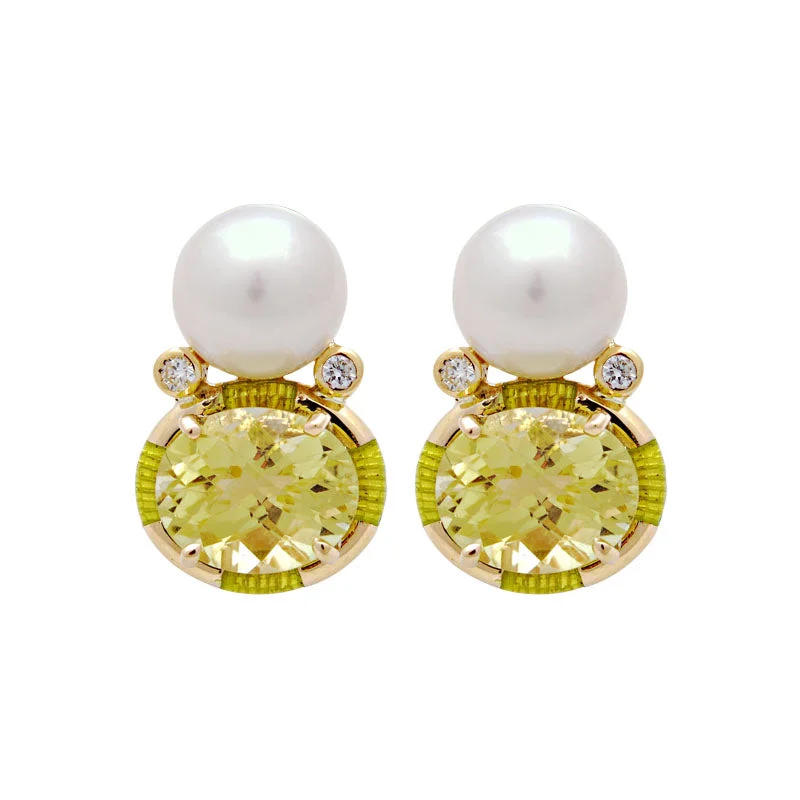 Earrings-Lemon Quartz, South Sea Pearl and Diamond (Enamel)