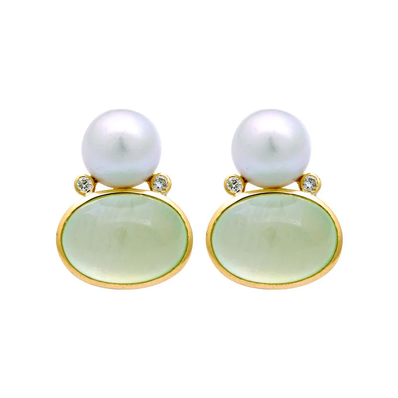 Earrings-Prehnite, South Sea Pearl and Diamond