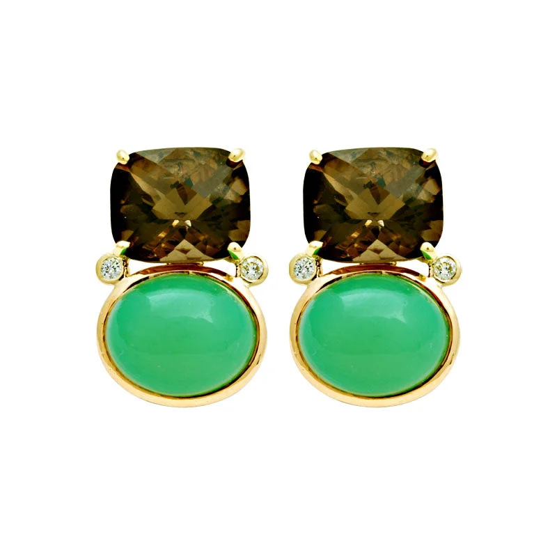 Earrings-Smokey Quartz, Chrysoprase and Diamond