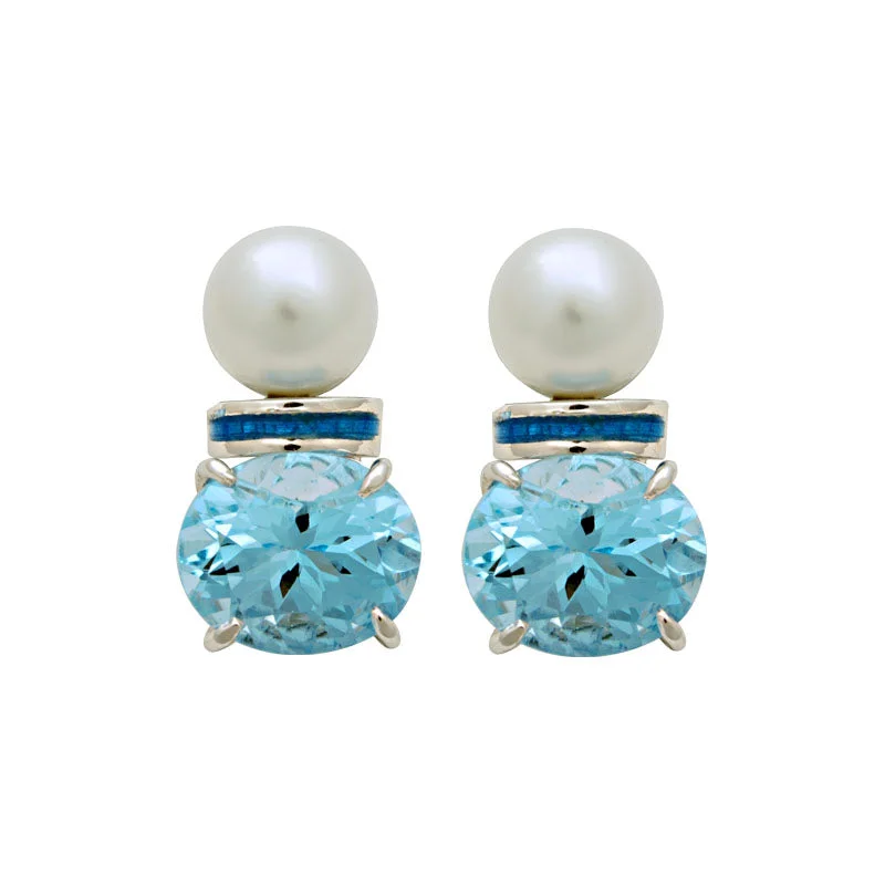 Earrings-South Sea Pearl and Blue Topaz (Enamel)