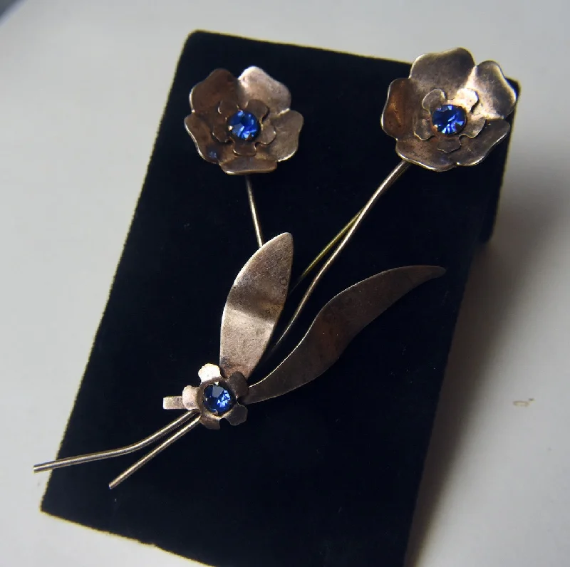 Sterling Silver and Blue Crystal Flower Brooch